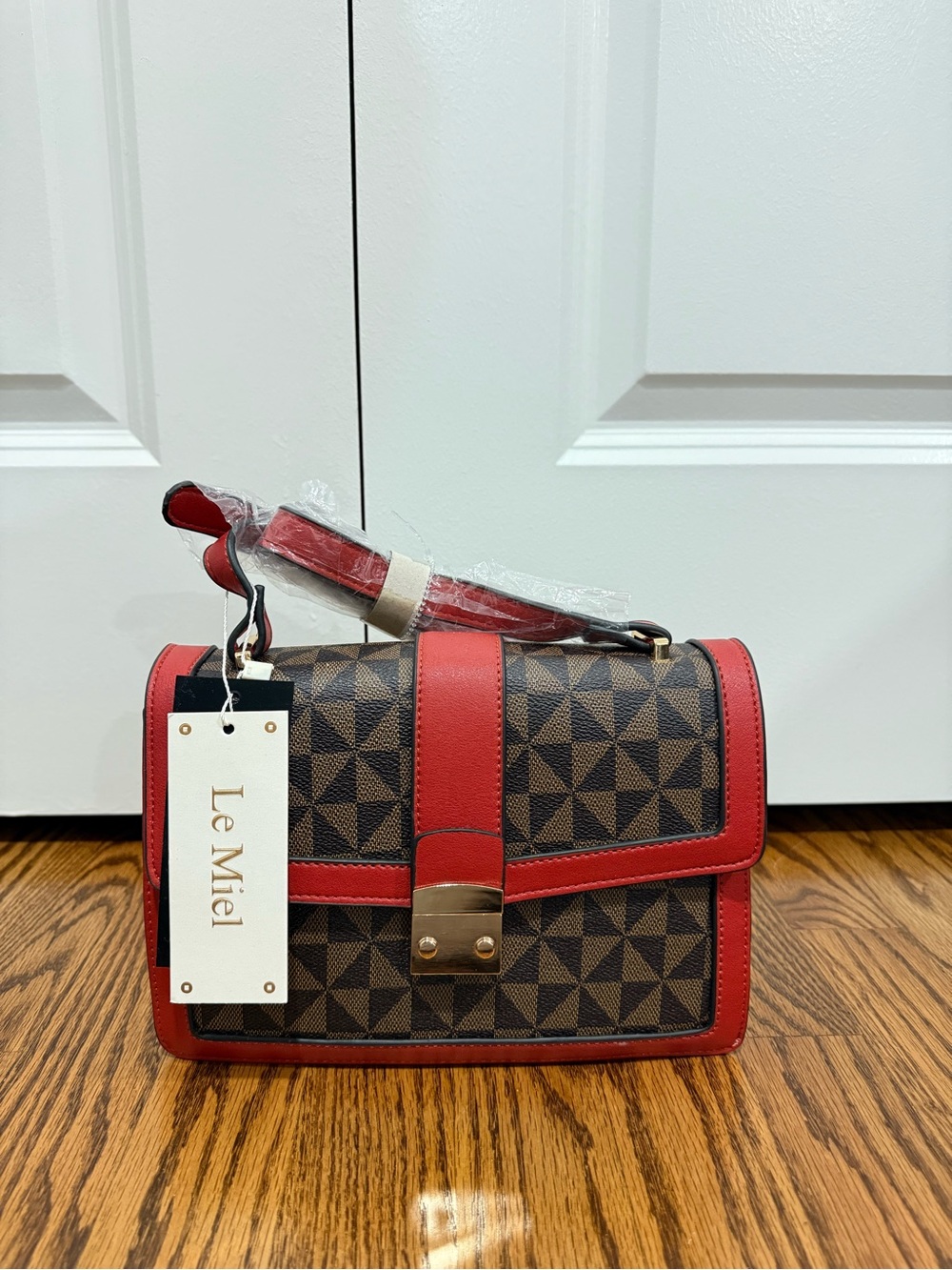 Red Trim Brown Pattern Crossbody Bag